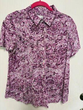 Croft & Barrow Women Button Down Purple Floral Short Sleeve Rayon Top. Sz. L